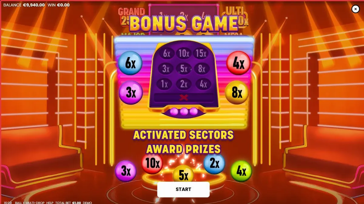 Tampilan visual slot Ball X Multi-Drop dengan simbol buah neon dan grid permainan yang cerah.