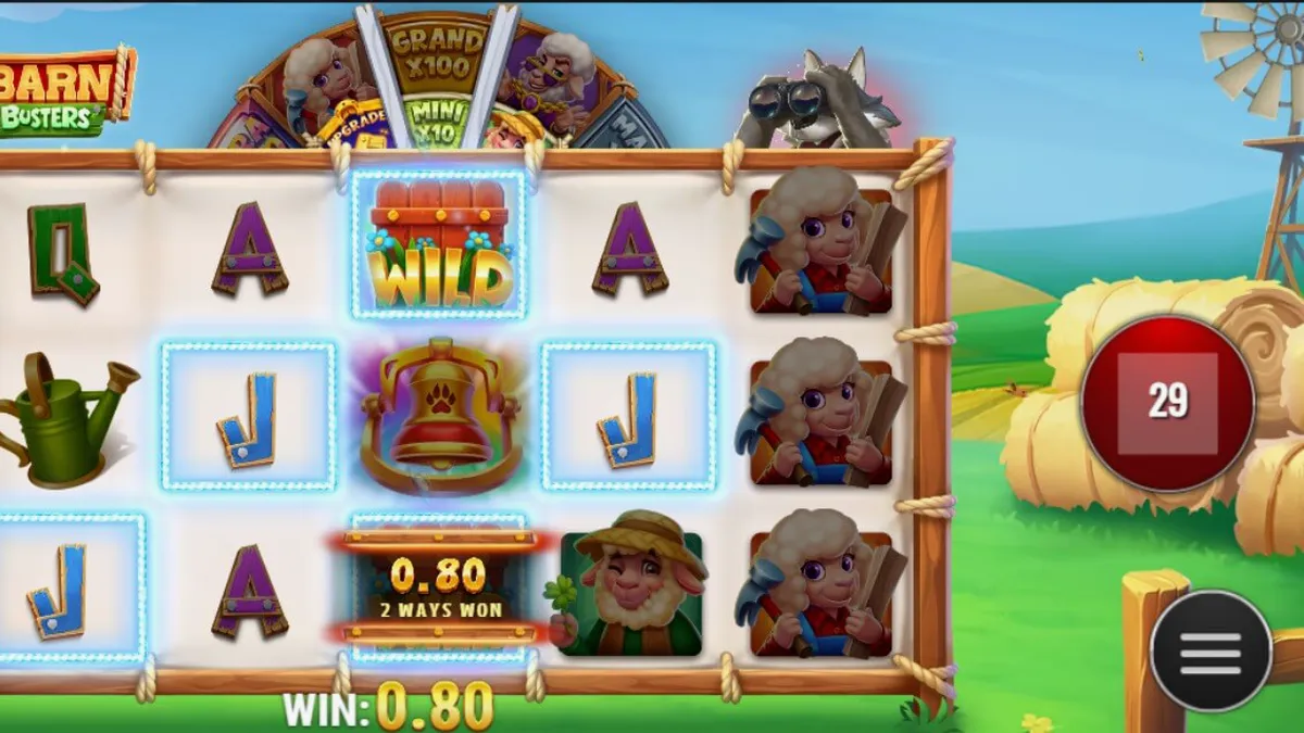 Tampilan visual slot Barn Busters dengan tema pertanian dan lumbung